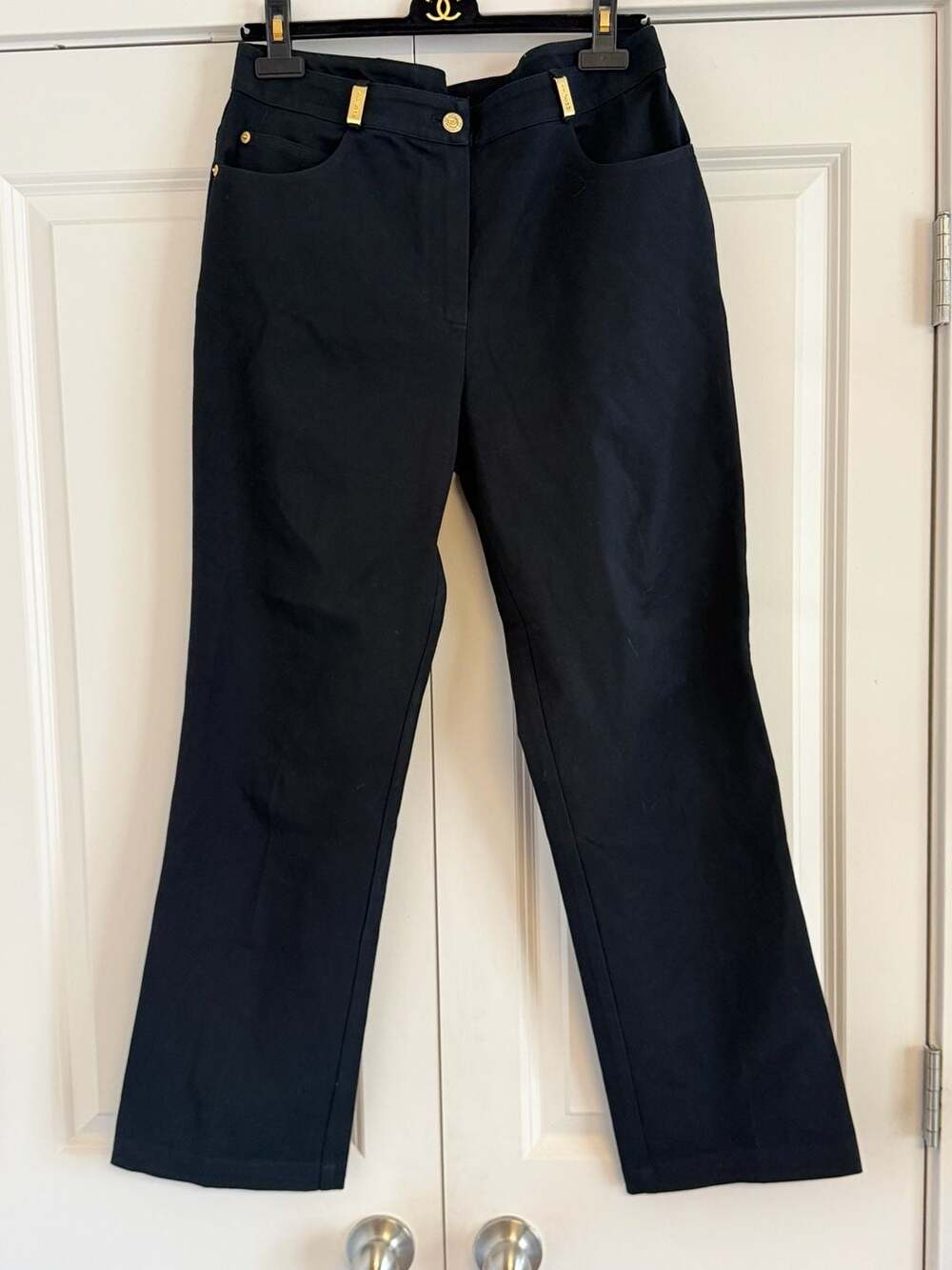 St. John Sport Women's Black Cotton Blend Straight Leg Pants with Gold Hardware